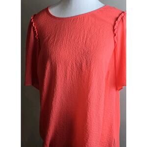 Wortington Sheer Coral Short Sleeve Blouse Size L Dressy Casual Ruffle Shoulder